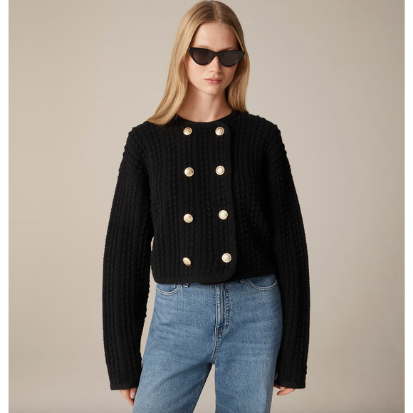 J.Crew Double Breasted Sweater Jacket Lambswool Knit Black Preppy Retro M NWT